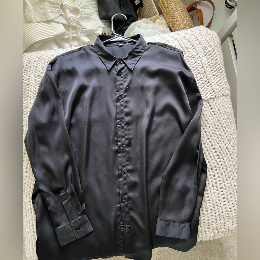 Long sleeve black satin button down top